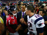 Feb 5, 2017; Houston, TX, USA; Atlanta Falcons quarterback Matt Ryan (2) shakes hands with New England Patriots quarterback Tom Brady (12) after Super Bowl LI at NRG Stadium.