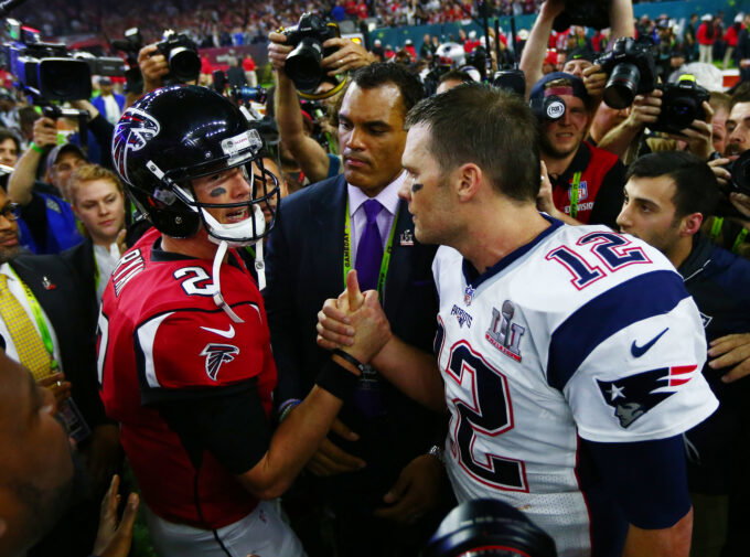Feb 5, 2017; Houston, TX, USA; Atlanta Falcons quarterback Matt Ryan (2) shakes hands with New England Patriots quarterback Tom Brady (12) after Super Bowl LI at NRG Stadium.