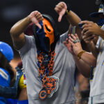 Oct 29, 2023; Inglewood, California, USA; Chicago Bears fan is upset after the Los Angeles Chargers score a touchdown against the Chicago Bears during the first quarter at SoFi Stadium. Mandatory Credit: Jonathan Hui-USA TODAY Sports