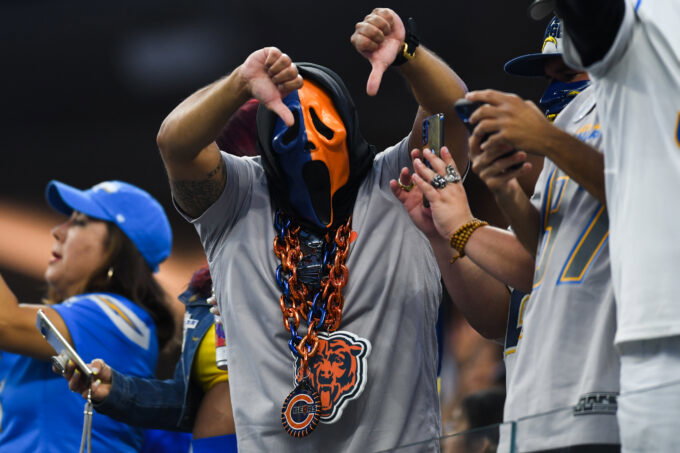 Oct 29, 2023; Inglewood, California, USA; Chicago Bears fan is upset after the Los Angeles Chargers score a touchdown against the Chicago Bears during the first quarter at SoFi Stadium. Mandatory Credit: Jonathan Hui-USA TODAY Sports