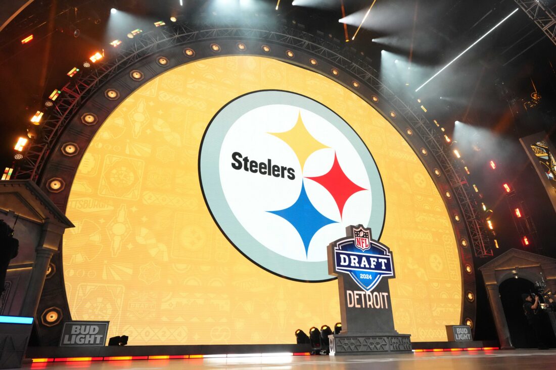 Apr 25, 2024; Detroit, MI, USA; A Pittsburgh Steelers logo during the 2024 NFL Draft at Campus Martius Park and Hart Plaza. Mandatory Credit: Kirby Lee-USA TODAY Sports