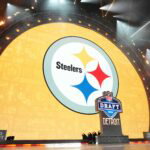 Apr 25, 2024; Detroit, MI, USA; A Pittsburgh Steelers logo during the 2024 NFL Draft at Campus Martius Park and Hart Plaza. Mandatory Credit: Kirby Lee-USA TODAY Sports