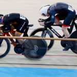 Aug 7, 2024; Montigny-le-Bretonneux, France; Mohd Azizulhasni Awang of Team Malaysia and Hamish Turnbull of Team Great Britain compete in the men’s sprint during the Paris 2024 Olympic Summer Games at Vélodrome National de Saint-Quentin-en-Yvelines. Mandatory Credit: Andrew P. Scott-USA TODAY Sports