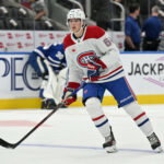 Sep 26, 2024; Toronto, Ontario, CAN; Montreal Canadiens defenseman David Reinbacher (64) warms up before playing the Toronto Maple Leafs at Scotiabank Arena. Mandatory Credit: Dan Hamilton-Imagn Images