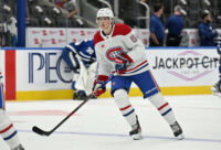 Sep 26, 2024; Toronto, Ontario, CAN; Montreal Canadiens defenseman David Reinbacher (64) warms up before playing the Toronto Maple Leafs at Scotiabank Arena. Mandatory Credit: Dan Hamilton-Imagn Images