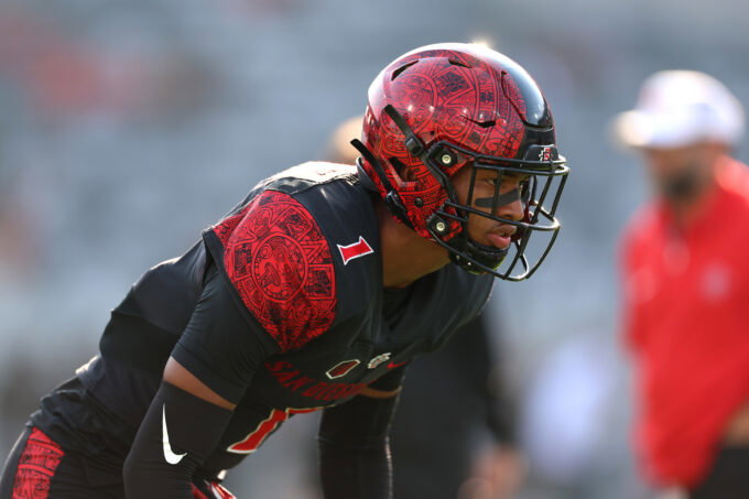 Oct 5, 2024; San Diego, California, USA; San Diego State Aztecs cornerback Chris Johnson (1) warms up against the Hawaii Rainbow Warriors before the game at Snapdragon Stadium. Mandatory Credit: Abe Arredondo-Imagn Images