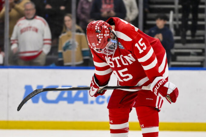 Apr 12, 2025; St. Louis, Missouri, UNITED STATES; Boston University Terriers forward Matt Copponi (15) reacts after Boston University lost to Western Michigan Broncos in the Frozen Four college ice hockey national championship at Enterprise Center.