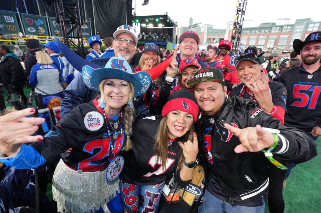 Apr 24, 2025; Green Bay, WI, USA; Houston Texans fans cheer before the first round of the 2025 NFL Draft at Lambeau Field. Mandatory Credit: Kirby Lee-Imagn Images