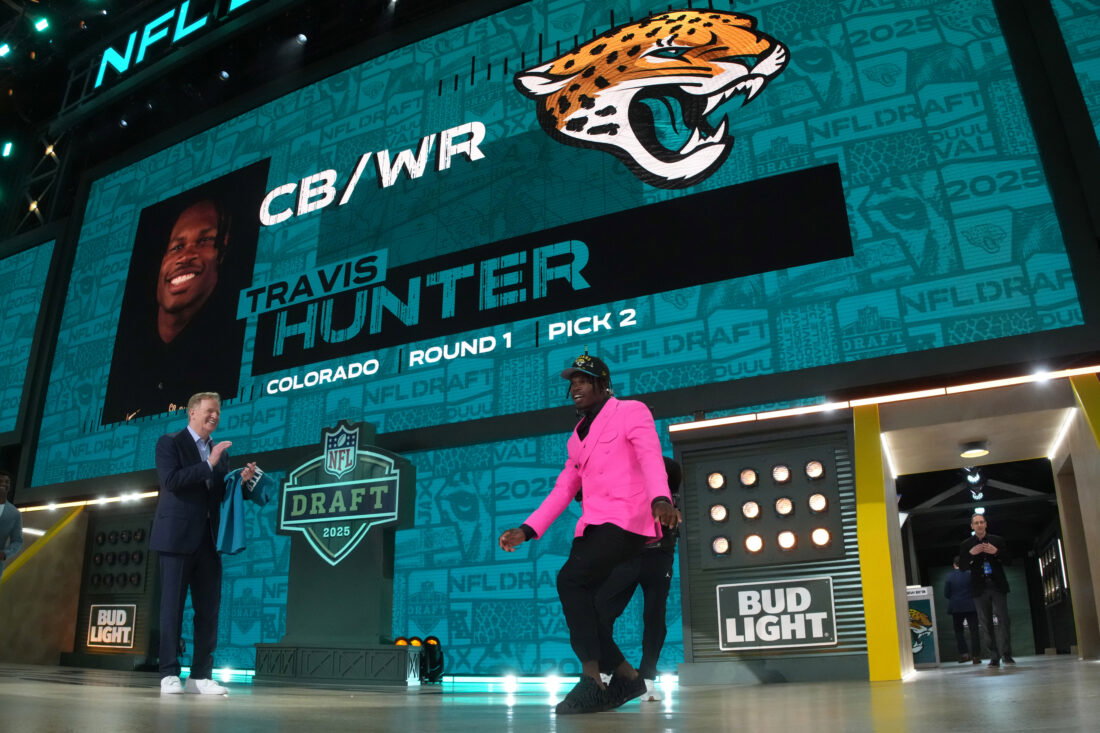 Apr 24, 2025; Green Bay, WI, USA; Colorado Buffaloes wide receiver Travis Hunter is selected by the Jacksonville Jaguars as the number two pick in the first round of the 2025 NFL Draft at Lambeau Field. Mandatory Credit: Kirby Lee-Imagn Images