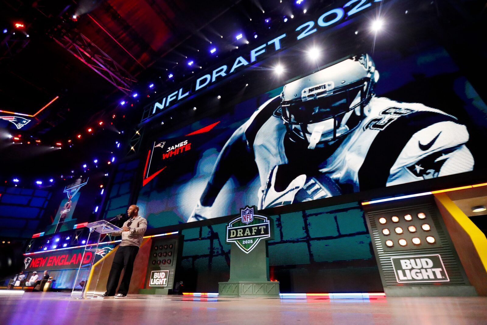 Former New England Patriots running back James White announces the team’s selection with the 95th overall pick during the round of the 2025 NFL Draft on Friday, April 25, 2025, at Lambeau Field in Green Bay, Wisconsin. The draft runs through April 26. Tork Mason/USA TODAY NETWORK-Wisconsin