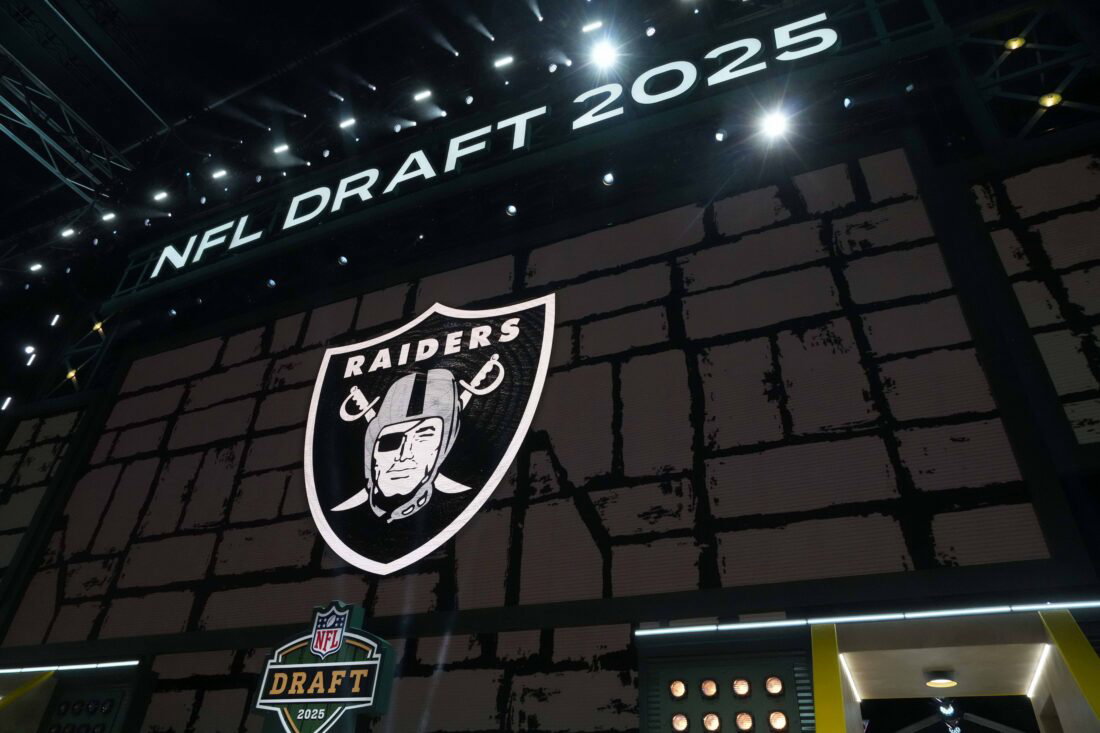 Apr 24, 2025; Green Bay, WI, USA; The Las Vegas Raiders logo is projected on the video board during the NFL Draft at Lambeau Field. Mandatory Credit: Kirby Lee-Imagn Images