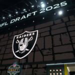 Apr 24, 2025; Green Bay, WI, USA; The Las Vegas Raiders logo is projected on the video board during the NFL Draft at Lambeau Field. Mandatory Credit: Kirby Lee-Imagn Images