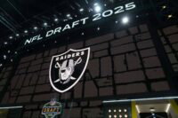 Apr 24, 2025; Green Bay, WI, USA; The Las Vegas Raiders logo is projected on the video board during the NFL Draft at Lambeau Field. Mandatory Credit: Kirby Lee-Imagn Images