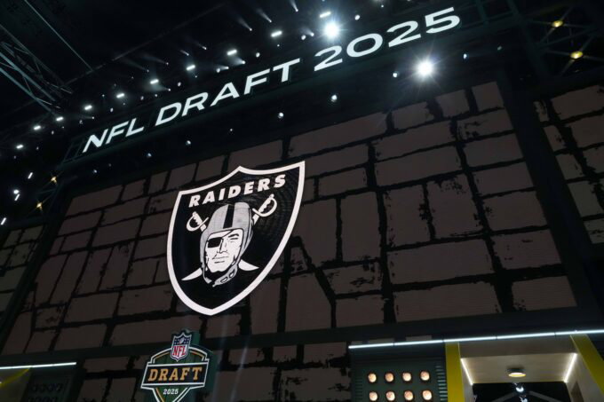 Apr 24, 2025; Green Bay, WI, USA; The Las Vegas Raiders logo is projected on the video board during the NFL Draft at Lambeau Field. Mandatory Credit: Kirby Lee-Imagn Images