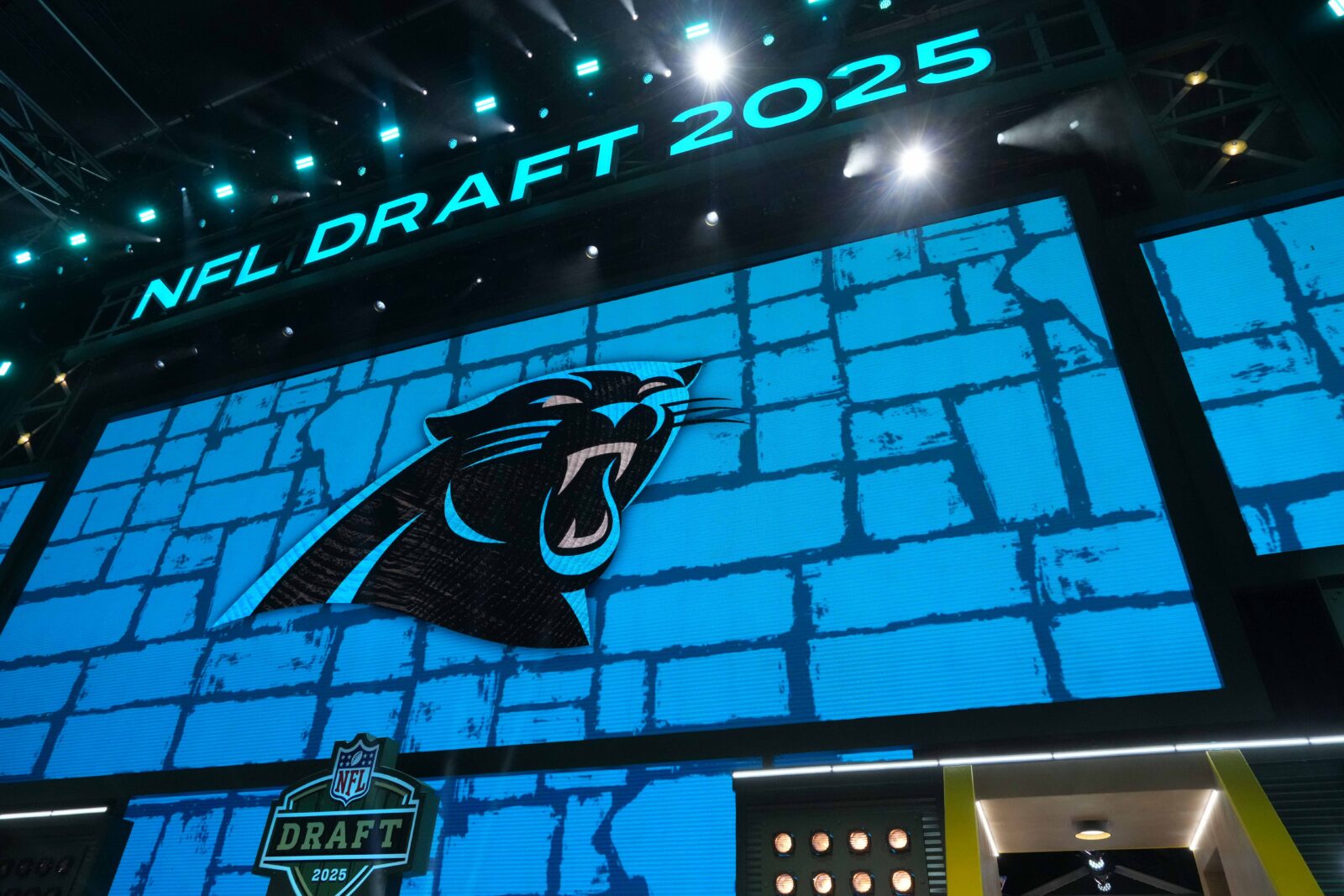 Apr 24, 2025; Green Bay, WI, USA; The Carolina Panthers logo is projected on the video board during the NFL Draft at Lambeau Field. Mandatory Credit: Kirby Lee-Imagn Images