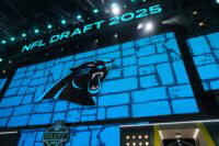 Apr 24, 2025; Green Bay, WI, USA; The Carolina Panthers logo is projected on the video board during the NFL Draft at Lambeau Field. Mandatory Credit: Kirby Lee-Imagn Images