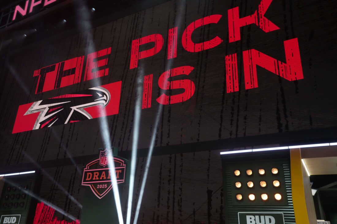 Apr 24, 2025; Green Bay, WI, USA; The Atlanta Falcons logo is projected on the video board during the NFL Draft at Lambeau Field. Mandatory Credit: Kirby Lee-Imagn Images