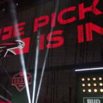 Apr 24, 2025; Green Bay, WI, USA; The Atlanta Falcons logo is projected on the video board during the NFL Draft at Lambeau Field. Mandatory Credit: Kirby Lee-Imagn Images