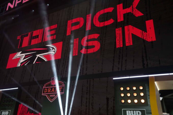 Apr 24, 2025; Green Bay, WI, USA; The Atlanta Falcons logo is projected on the video board during the NFL Draft at Lambeau Field. Mandatory Credit: Kirby Lee-Imagn Images