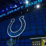 Apr 24, 2025; Green Bay, WI, USA; The Indianapolis Colts logo is projected on the video board during the NFL Draft at Lambeau Field. Mandatory Credit: Kirby Lee-Imagn Images