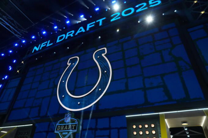 Apr 24, 2025; Green Bay, WI, USA; The Indianapolis Colts logo is projected on the video board during the NFL Draft at Lambeau Field. Mandatory Credit: Kirby Lee-Imagn Images