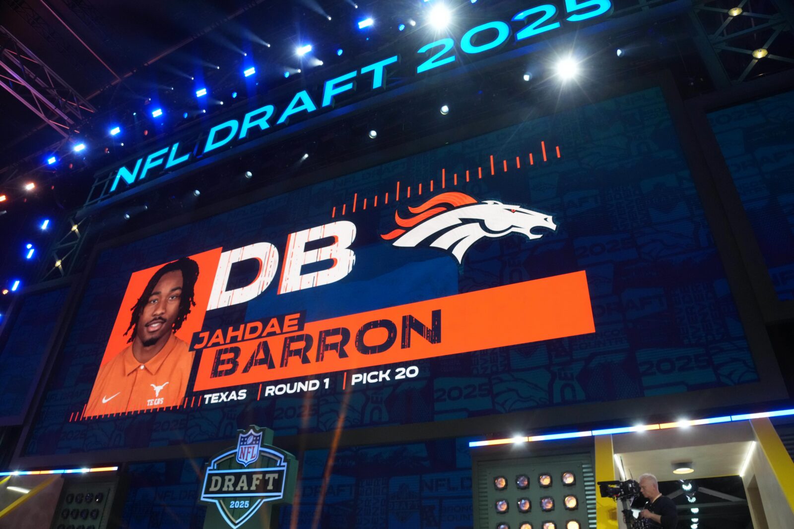 Apr 24, 2025; Green Bay, WI, USA; Denver Broncos defensive back Jahdae Barron is selected as the No. 20 pick by the Denver Broncos during the NFL Draft at Lambeau Field. Mandatory Credit: Kirby Lee-Imagn Images