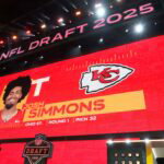 Apr 24, 2025; Green Bay, WI, USA; Ohio State Buckeyes tackle Josh Simmons is selected as the No. 32 pick by the Kansas City Chiefs during the NFL Draft at Lambeau Field. Mandatory Credit: Kirby Lee-Imagn Images