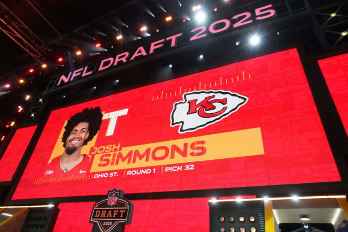 Apr 24, 2025; Green Bay, WI, USA; Ohio State Buckeyes tackle Josh Simmons is selected as the No. 32 pick by the Kansas City Chiefs during the NFL Draft at Lambeau Field. Mandatory Credit: Kirby Lee-Imagn Images