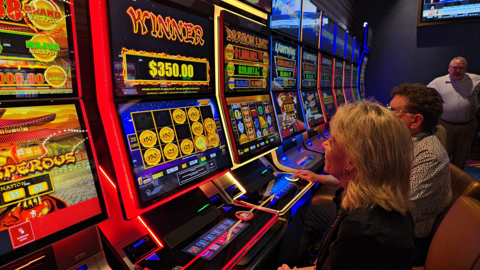 Hard Rock Casino Rockford patrons Dianne Parvin and Tom Tendall were the first to play the casino's high roller million dollar Dragon Link progressive jackpot slot machine with a minimum bet of $25 per spin Thursday, May 22, 2025.