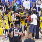 Jun 22, 2025; Oklahoma City, Oklahoma, USA; Indiana Pacers guard Tyrese Haliburton (0) is assisted after an apparent injury following a play against the Oklahoma City Thunder during the first half of game seven of the 2025 NBA Finals at Paycom Center. Mandatory Credit: Alonzo Adams-Imagn Images