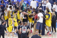 Jun 22, 2025; Oklahoma City, Oklahoma, USA; Indiana Pacers guard Tyrese Haliburton (0) is assisted after an apparent injury following a play against the Oklahoma City Thunder during the first half of game seven of the 2025 NBA Finals at Paycom Center. Mandatory Credit: Alonzo Adams-Imagn Images