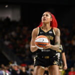 Sep 4, 2025; Washington, District of Columbia, USA; Washington Mystics forward Shakira Austin (0) attempts a free show against the Phoenix Mercury during the fourth quarter at CareFirst Arena. Mandatory Credit: Rafael Suanes-Imagn Images