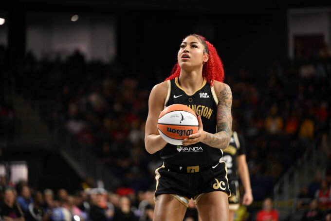 Sep 4, 2025; Washington, District of Columbia, USA; Washington Mystics forward Shakira Austin (0) attempts a free show against the Phoenix Mercury during the fourth quarter at CareFirst Arena. Mandatory Credit: Rafael Suanes-Imagn Images