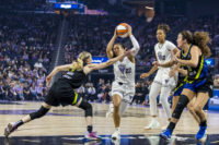 Sep 4, 2025; San Francisco, California, USA; Dallas Wings guard Paige Bueckers (5) defends Golden State Valkyries guard Veronica Burton (22) during the first quarter at Chase Center. Mandatory Credit: John Hefti-Imagn Images