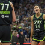 Sep 21, 2025; Minneapolis, Minnesota, USA; Minnesota Lynx forward Napheesa Collier (24) celebrates after defeating the Phoenix Mercury during game one of the second round for the 2025 WNBA Playoffs at Target Center. Mandatory Credit: Jesse Johnson-Imagn Images