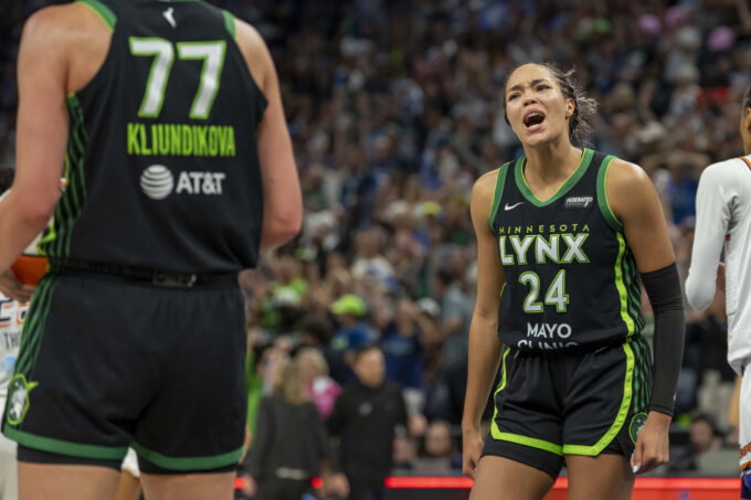 Sep 21, 2025; Minneapolis, Minnesota, USA; Minnesota Lynx forward Napheesa Collier (24) celebrates after defeating the Phoenix Mercury during game one of the second round for the 2025 WNBA Playoffs at Target Center. Mandatory Credit: Jesse Johnson-Imagn Images