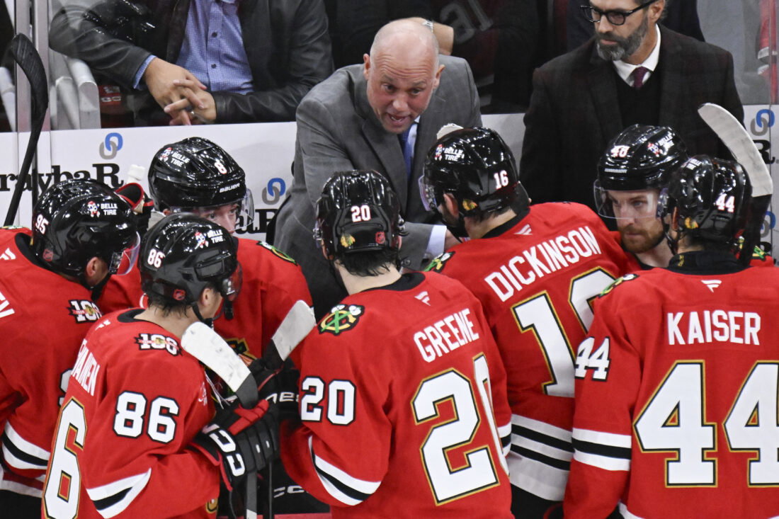 Oct 17, 2025; Chicago, Illinois, USA; Chicago Blackhawks head coach Jeff Blashill talks with the team during the third period against the Vancouver Canucks at the United Center. Mandatory Credit: Matt Marton-Imagn Images