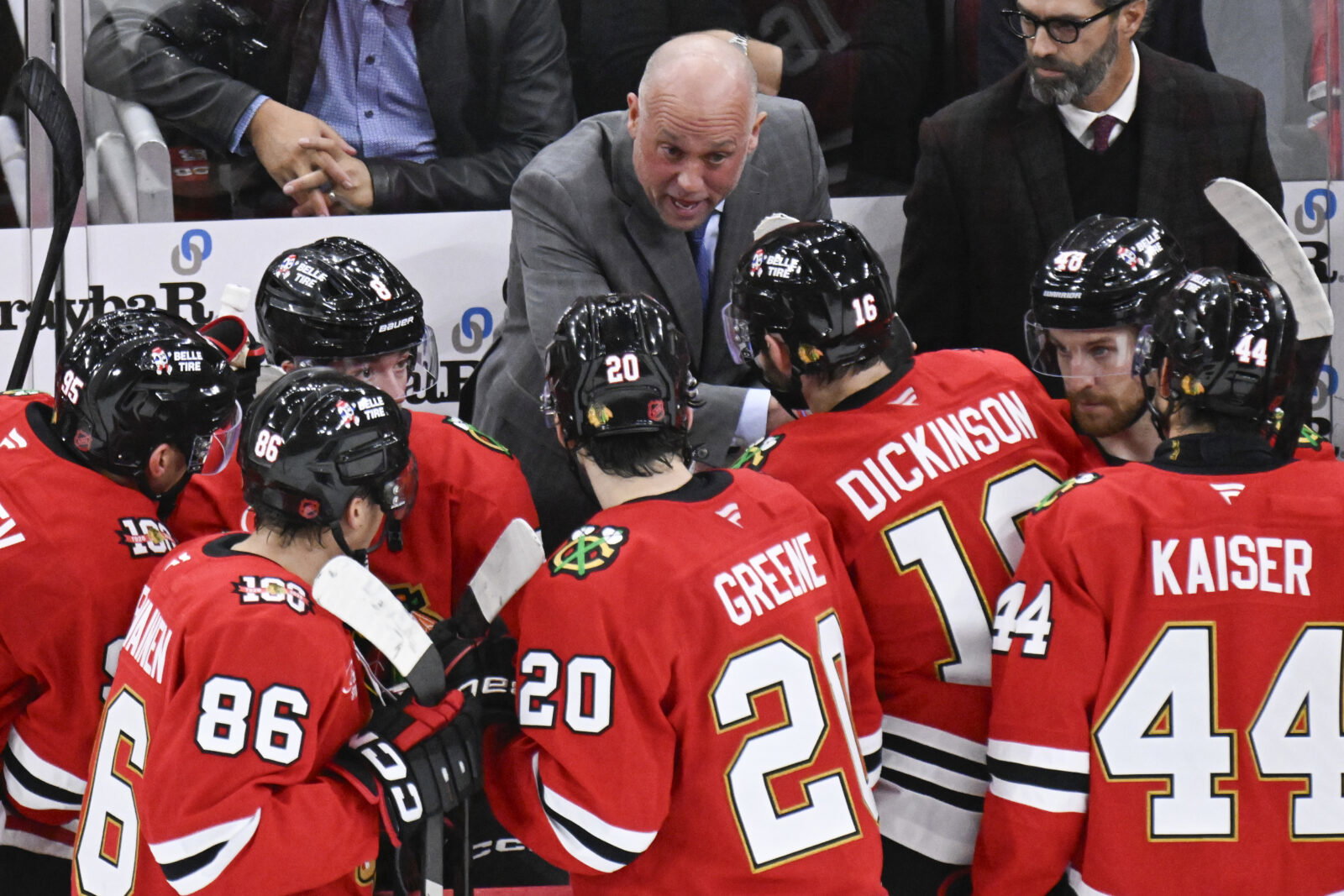 Oct 17, 2025; Chicago, Illinois, USA; Chicago Blackhawks head coach Jeff Blashill talks with the team during the third period against the Vancouver Canucks at the United Center. Mandatory Credit: Matt Marton-Imagn Images