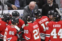 Oct 17, 2025; Chicago, Illinois, USA; Chicago Blackhawks head coach Jeff Blashill talks with the team during the third period against the Vancouver Canucks at the United Center. Mandatory Credit: Matt Marton-Imagn Images