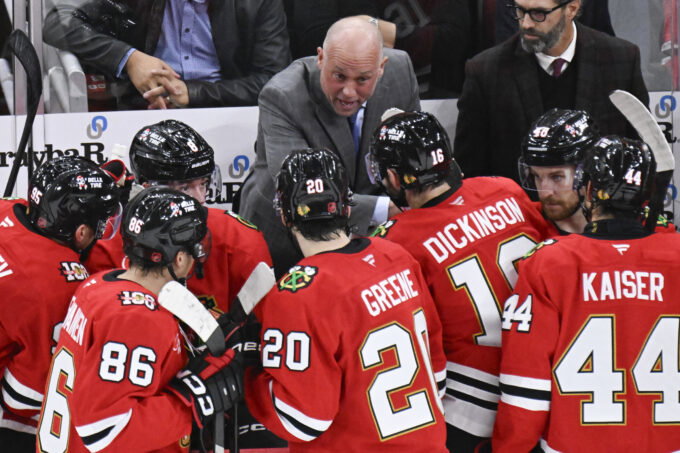 Oct 17, 2025; Chicago, Illinois, USA; Chicago Blackhawks head coach Jeff Blashill talks with the team during the third period against the Vancouver Canucks at the United Center. Mandatory Credit: Matt Marton-Imagn Images