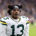 Oct 19, 2025; Glendale, Arizona, USA; Green Bay Packers wide receiver Dontayvion Wicks (13) against the Arizona Cardinals at State Farm Stadium. Mandatory Credit: Mark J. Rebilas-Imagn Images