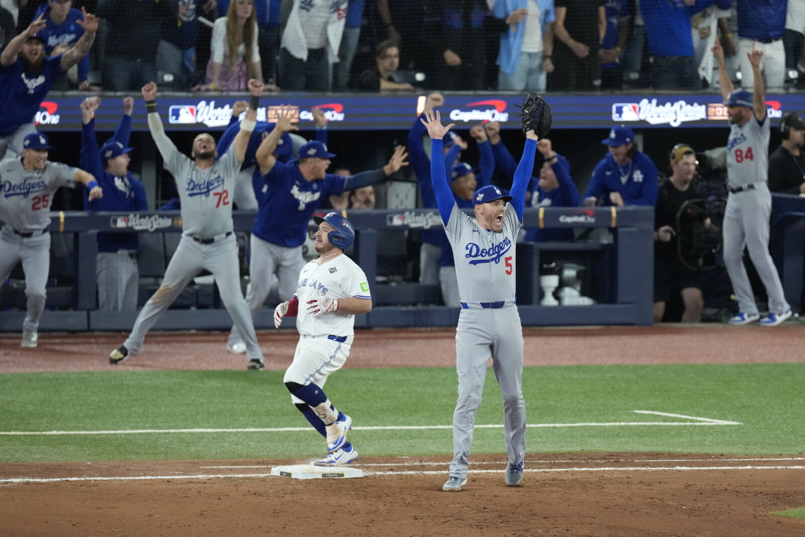 Nov 1, 2025; Toronto, Ontario, CAN; Los Angeles Dodgers first baseman Freddie Freeman (5) celebrates after defeating the Toronto Blue Jays in game seven of the 2025 MLB World Series at Rogers Centre. Mandatory Credit: Kevin Sousa-Imagn Images