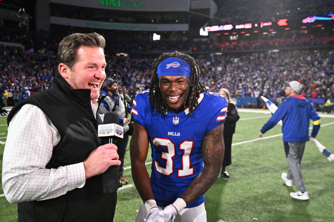 Nov 2, 2025; Orchard Park, New York, USA; Buffalo Bills cornerback Maxwell Hairston (31) is interviewed after the game against the Kansas City Chiefs at Highmark Stadium. Mandatory Credit: Mark Konezny-Imagn Images