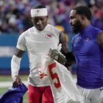 Kansas City Chiefs wide receiver Hollywood Brown and Buffalo Bills wide receiver Elijah Moore swap jerseys after the game at Highmark Stadium in Orchard Park on Nov. 2, 2025.