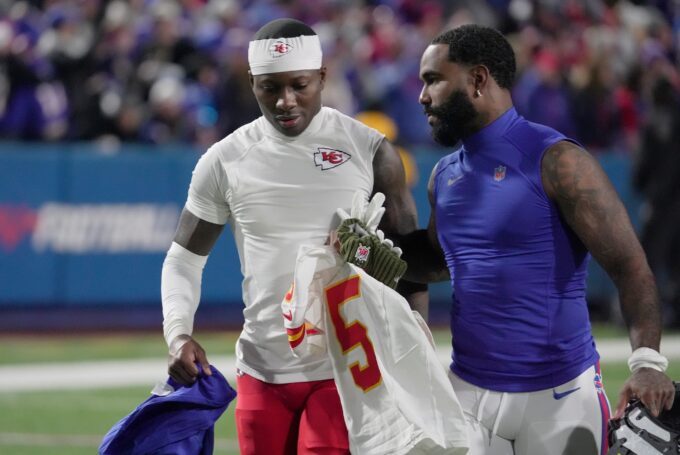 Kansas City Chiefs wide receiver Hollywood Brown and Buffalo Bills wide receiver Elijah Moore swap jerseys after the game at Highmark Stadium in Orchard Park on Nov. 2, 2025.