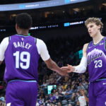 Nov 13, 2025; Salt Lake City, Utah, USA; Utah Jazz forward Lauri Markkanen (23) and guard Ace Bailey (19) react to a play against the Atlanta Hawks during the second half at Delta Center. Mandatory Credit: Rob Gray-Imagn Images