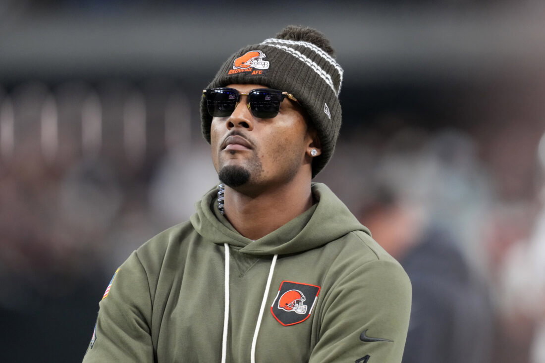 Nov 23, 2025; Paradise, Nevada, USA; Cleveland Browns quarterback Deshaun Watson watches on the sidelines against the Las Vegas Raiders in the second half at Allegiant Stadium. Mandatory Credit: Kirby Lee-Imagn Images
