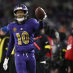 Nov 27, 2025; Baltimore, Maryland, USA; Baltimore Ravens wide receiver DeAndre Hopkins (10) reacts after making a catch against the Cincinnati Bengals during the second half at M&T Bank Stadium. Mandatory Credit: Tommy Gilligan-Imagn Images