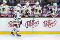Dec 20, 2025; Ottawa, Ontario, CAN; Chicago Blackhawks left wing Nick Lardis (76) celebrates scoring his first NHL goal with team on the bench in the third period against the Ottawa Senators at the Canadian Tire Centre. Mandatory Credit: Marc DesRosiers-IMAGN Images