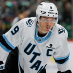 Dec 23, 2025; Denver, Colorado, USA; Utah Mammoth right wing Clayton Keller (9) in the third period against the Colorado Avalanche at Ball Arena. Mandatory Credit: Isaiah J. Downing-Imagn Images